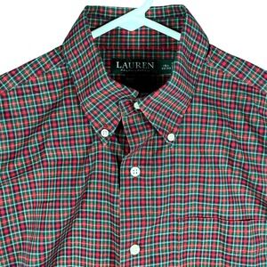 Ralph Lauren Button Down Shirt Mens 15.5 32/33 Red Green Plaid Non-Iron